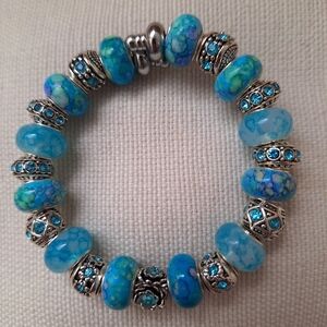 Blue Glass Bead Stretch Bracelet with Silver Accents